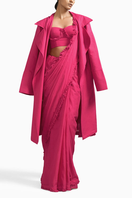 Pink Fringed Saree-Corset-Jacket Set