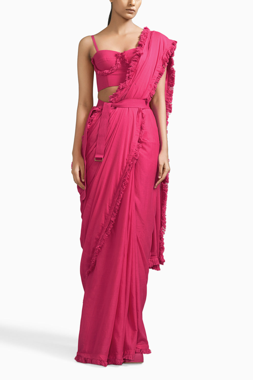 Pink Fringed Saree-Corset-Jacket Set