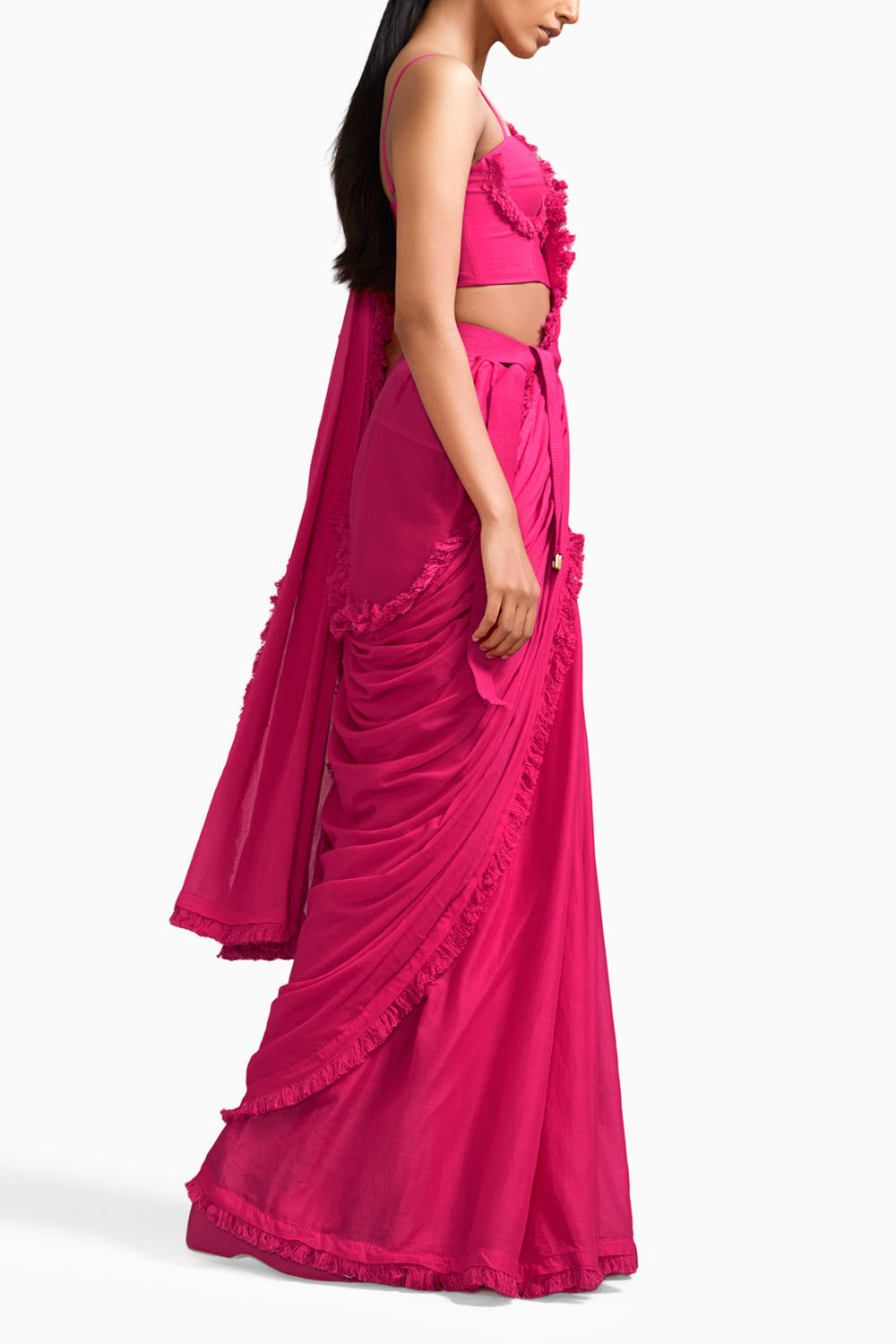 Pink Fringed Saree & Fringed Corset Set