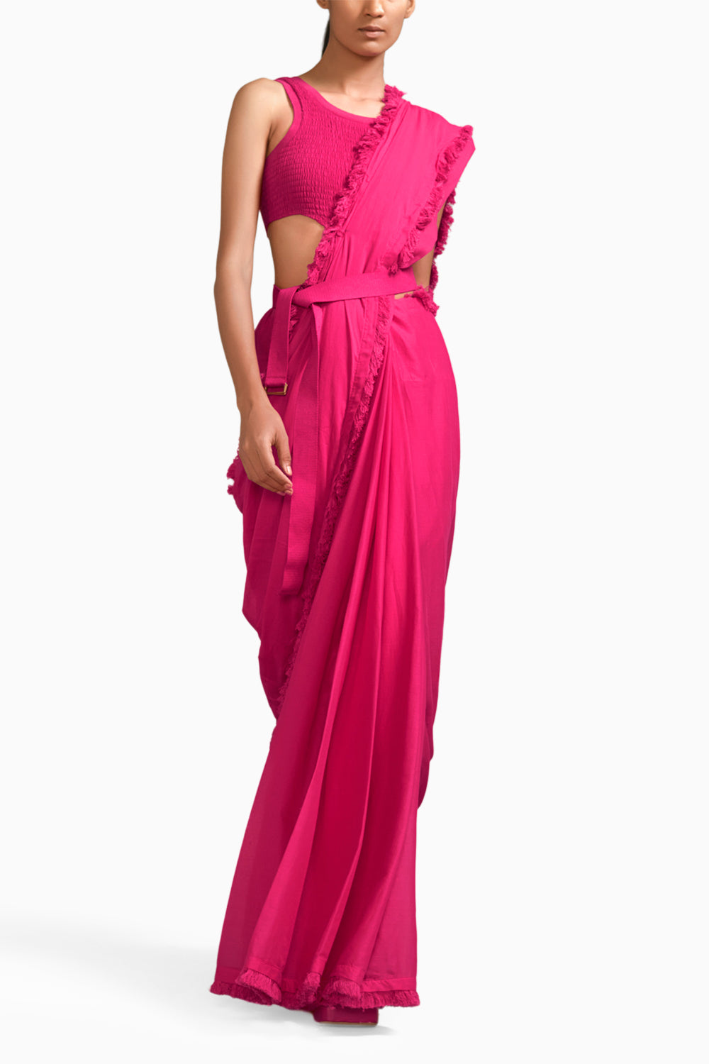 Pink Fringed Saree-Bodysuit-Jacket Set