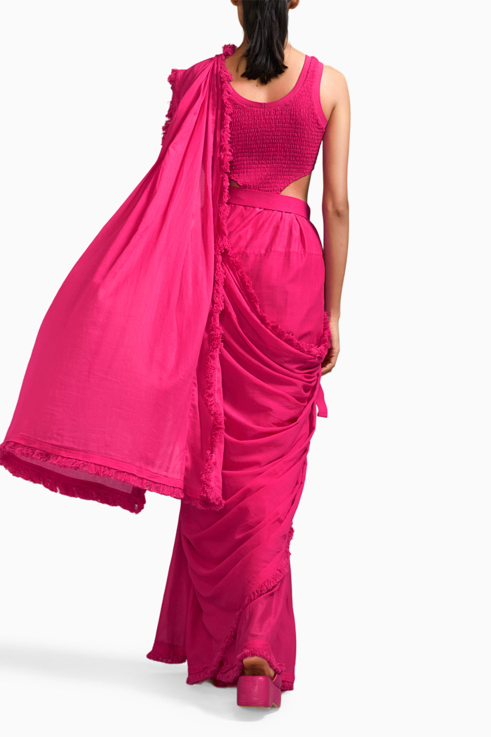 Pink Fringed Saree & Smocked Bodysuit Set