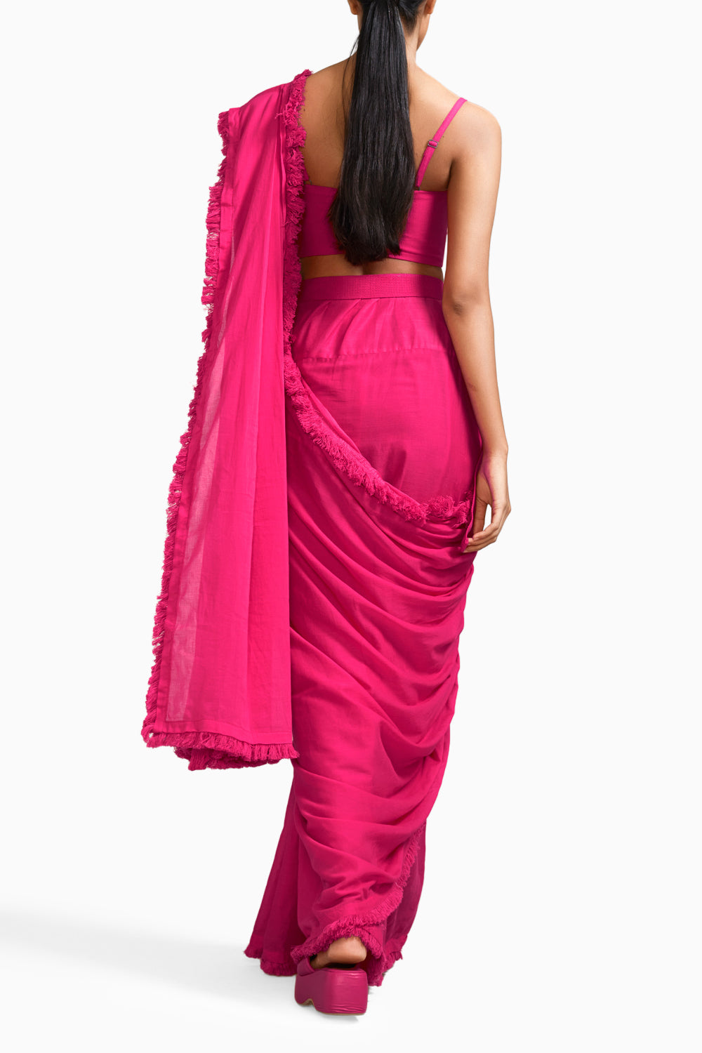 Pink Fringed Saree