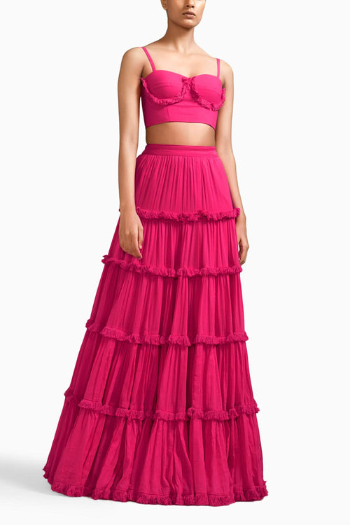 Pink Fringed Tiered Lehenga Jacket Set