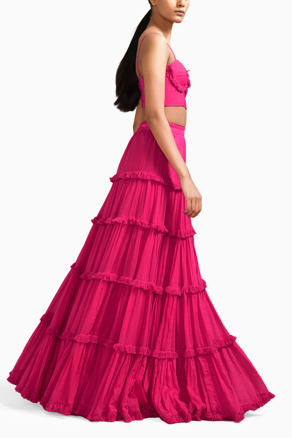 Pink Fringed Tiered Lehenga Set