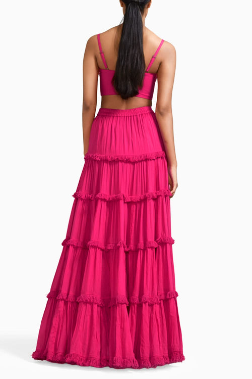 Pink Fringed Tiered Lehenga Set