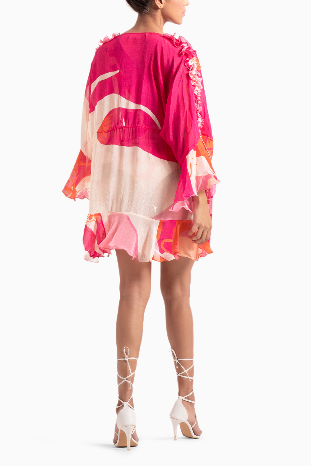 Pink Abstract One Shoulder Body Suit with Ruffle Dress