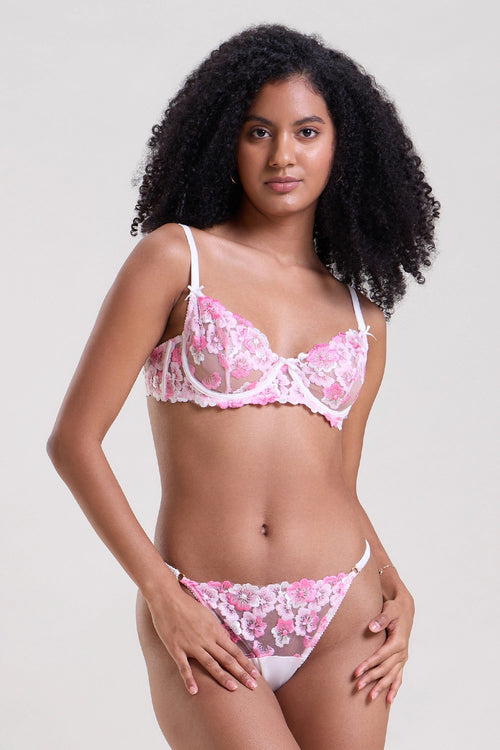 Fleur Pink Embroidered Balconette Bra and Thong Set