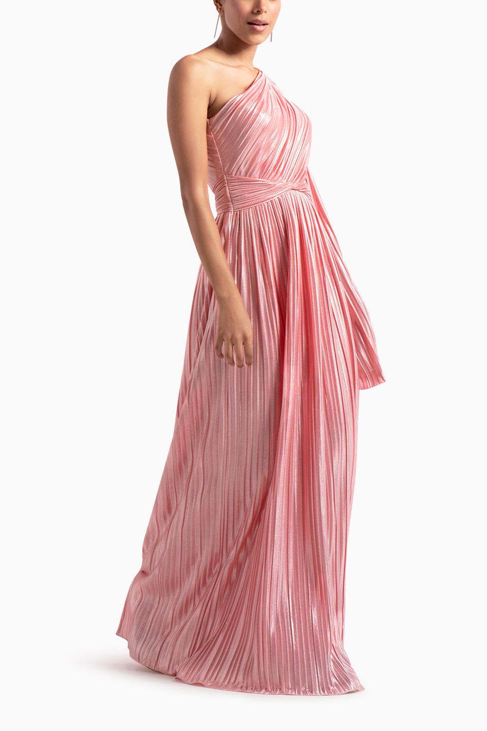 Pink Shimmer One shoulder Pleated Dress