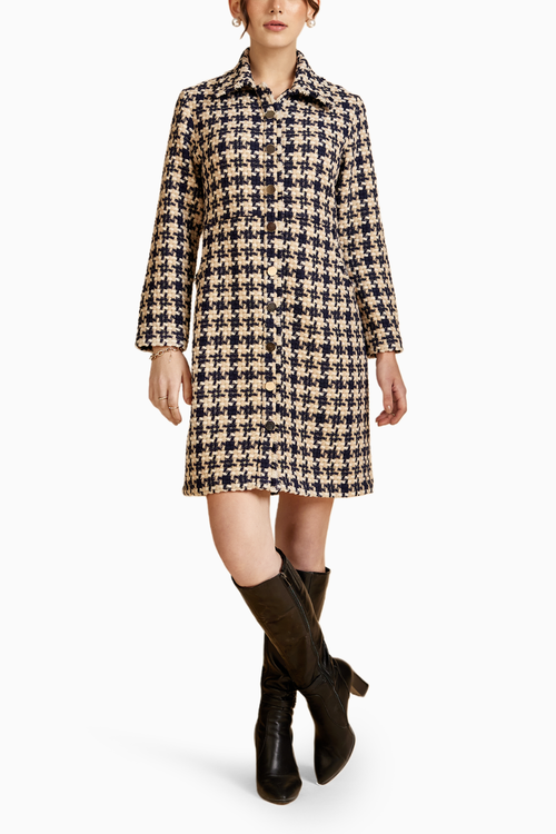 Navy Hounstooth Front Open Tweed Jacket Dress