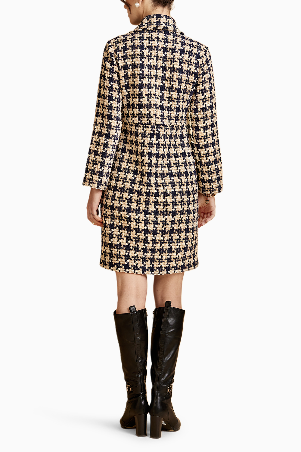 Navy Hounstooth Front Open Tweed Jacket Dress