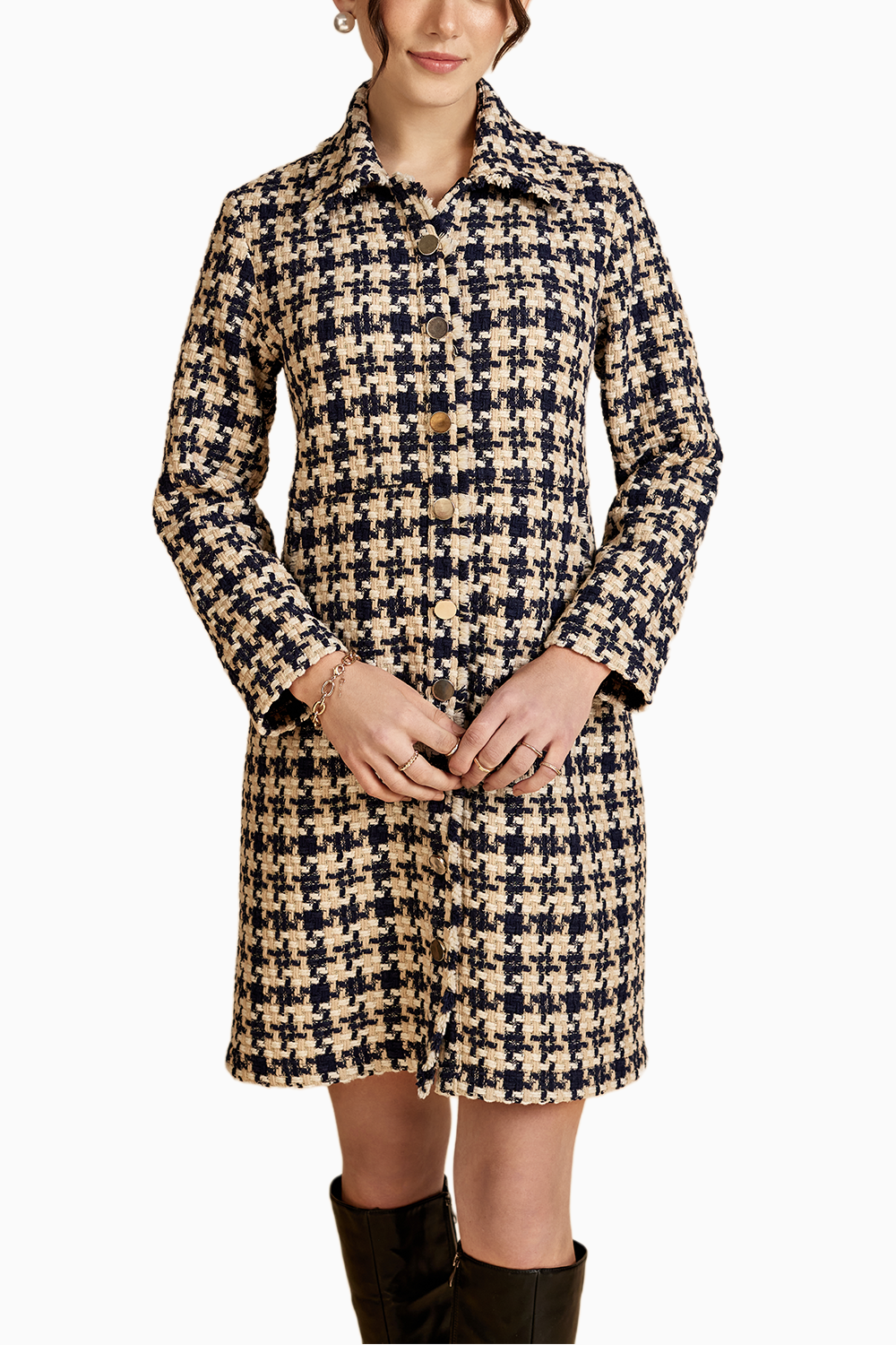 Navy Hounstooth Front Open Tweed Jacket Dress