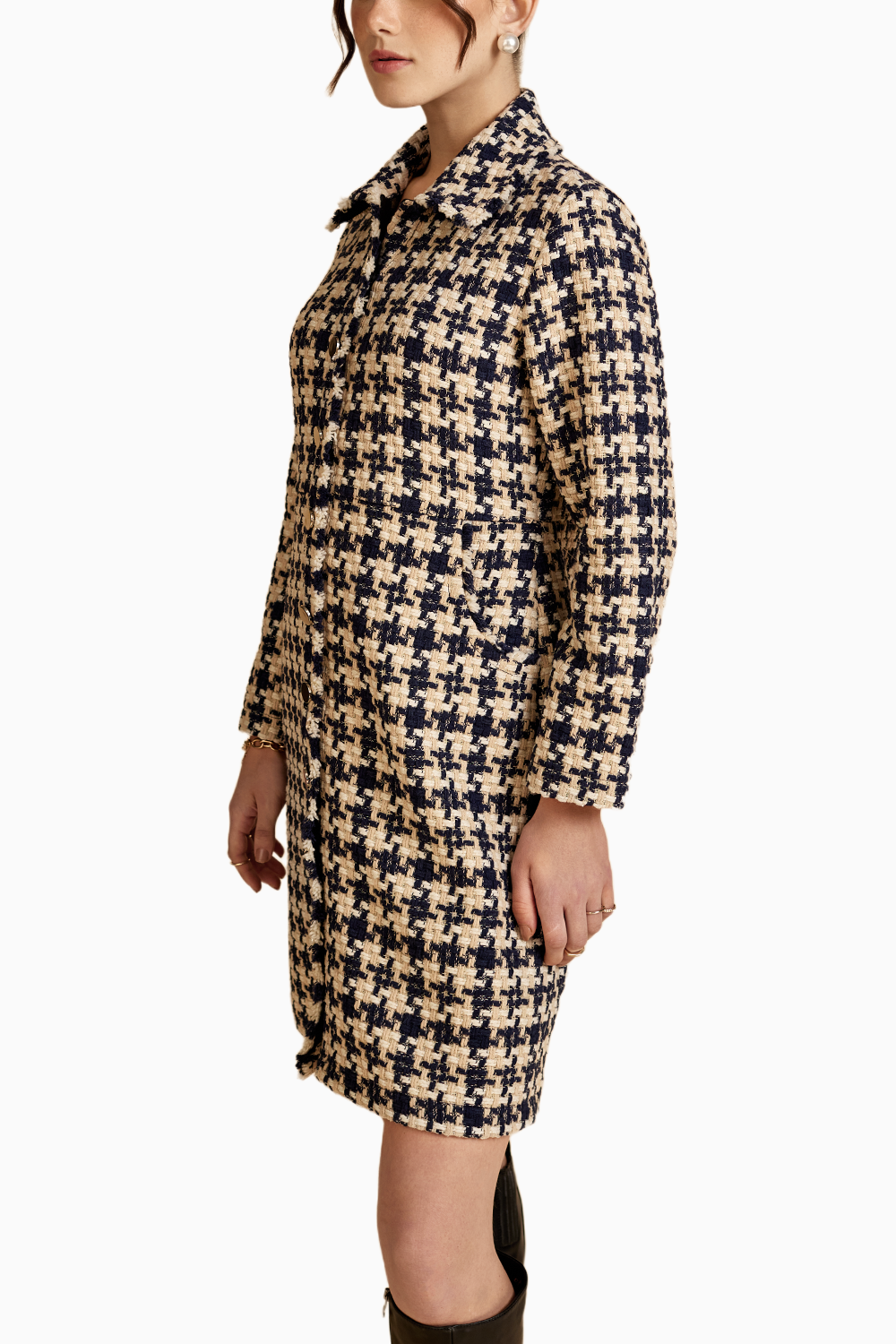 Navy Hounstooth Front Open Tweed Jacket Dress