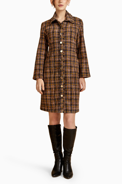 Brown Front Open Tweed Jacket Dress