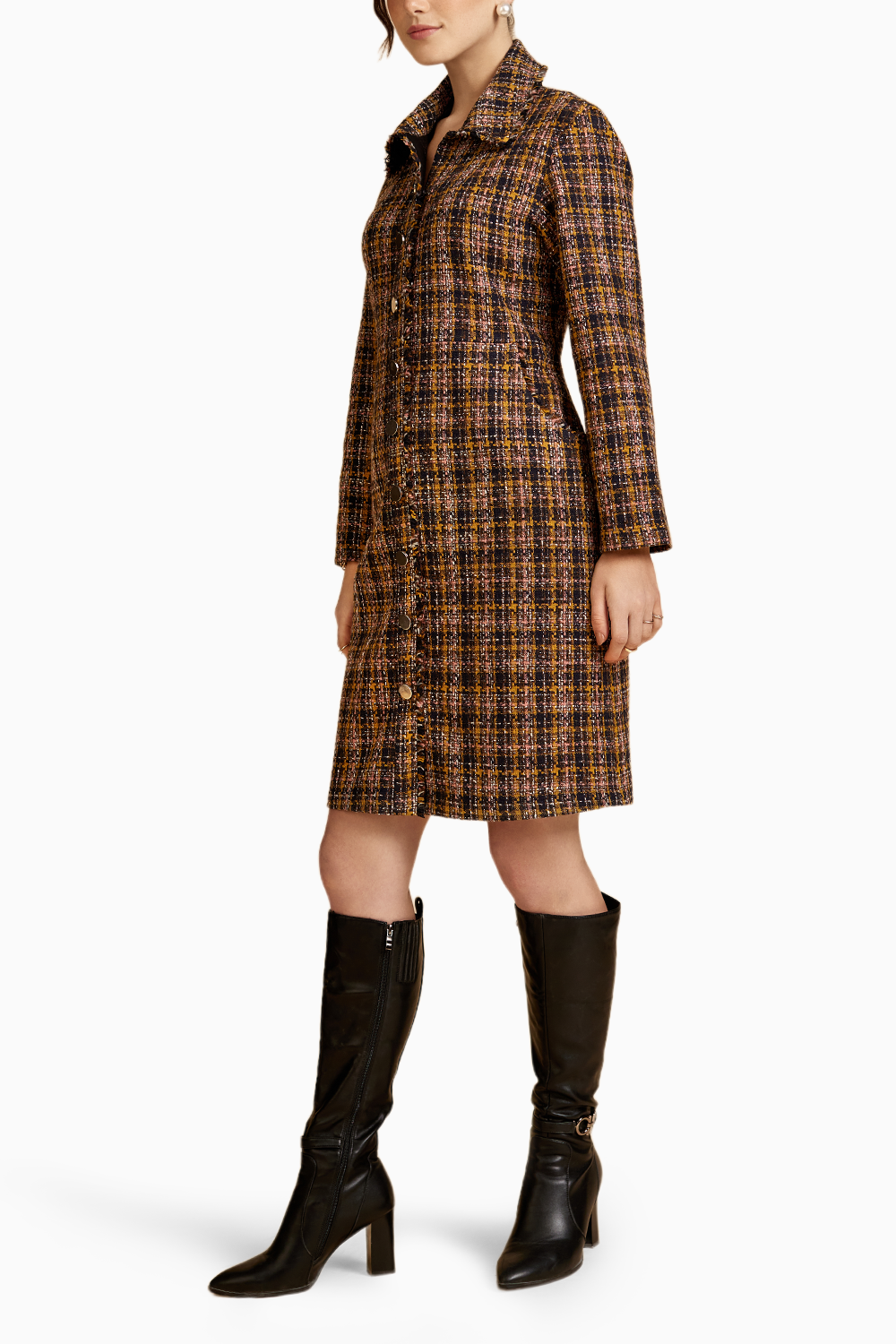 Brown Front Open Tweed Jacket Dress