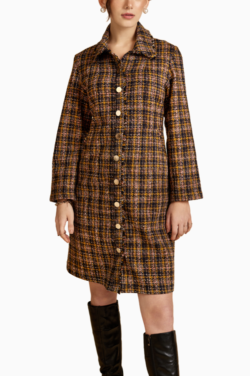 Brown Front Open Tweed Jacket Dress