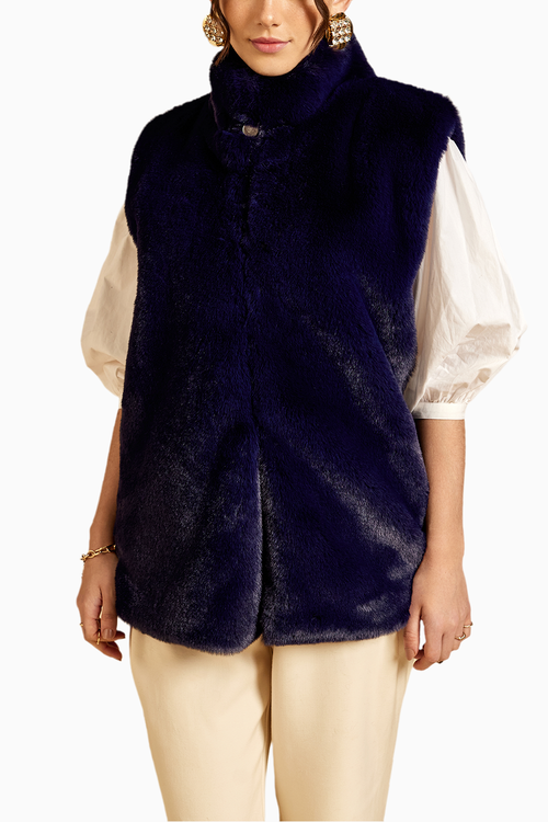 Navy Sleeveless Fur Jacket