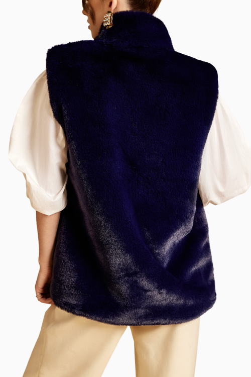 Navy Sleeveless Fur Jacket