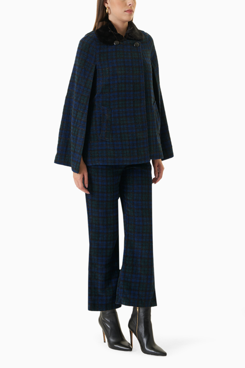 Plaid Tweed Fur Trimmed Cape Co-ord Set