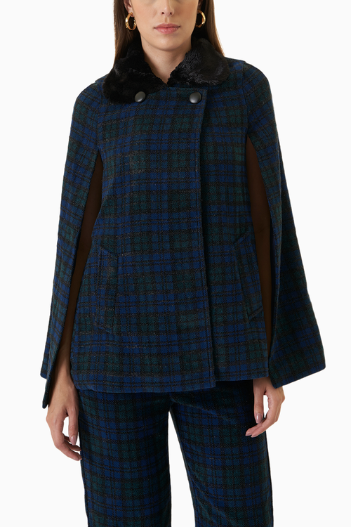Plaid Tweed Fur Trimmed Cape Coat