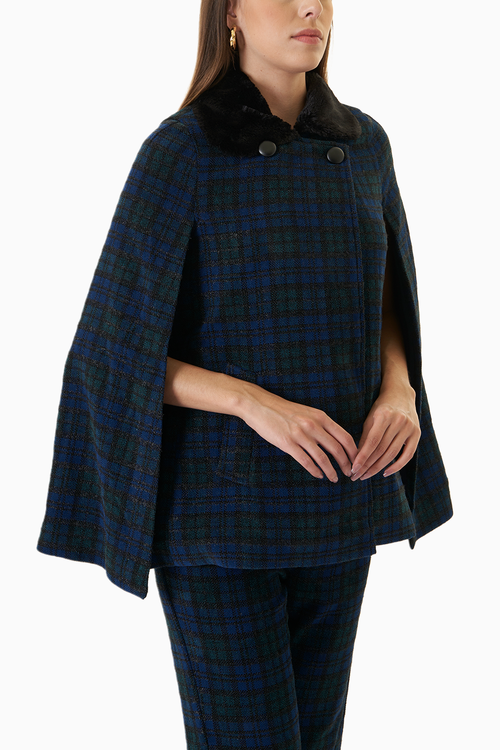 Plaid Tweed Fur Trimmed Cape Co-ord Set