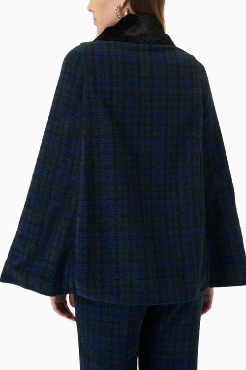 Plaid Tweed Fur Trimmed Cape Coat