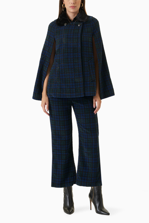 Plaid Tweed Fur Trimmed Cape Coat