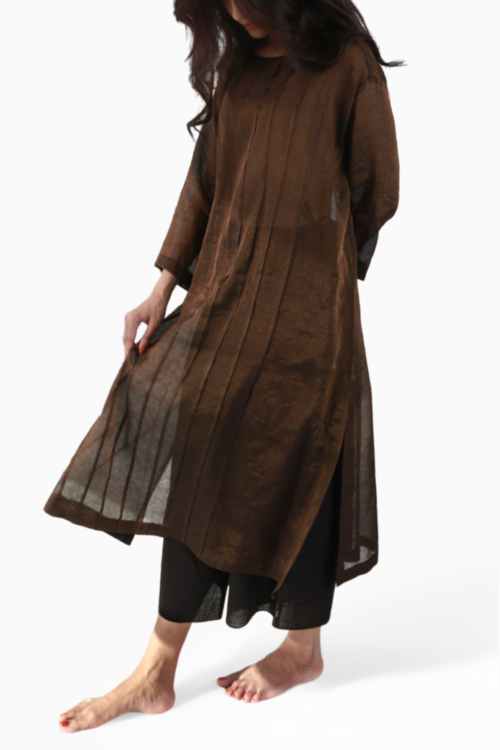 Copper Metallic Pleated Pheran Shift Dress