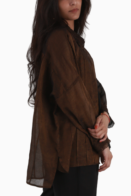 Copper Metallic Pleated T Shirt