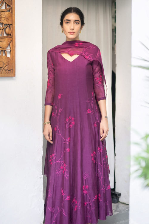 Plum Aari Work Anarkali Set
