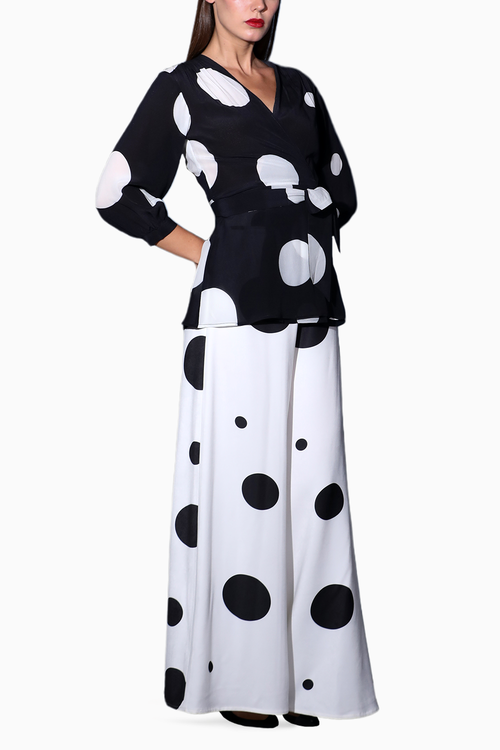 Polka Dot Wrap Top with Flared Pants