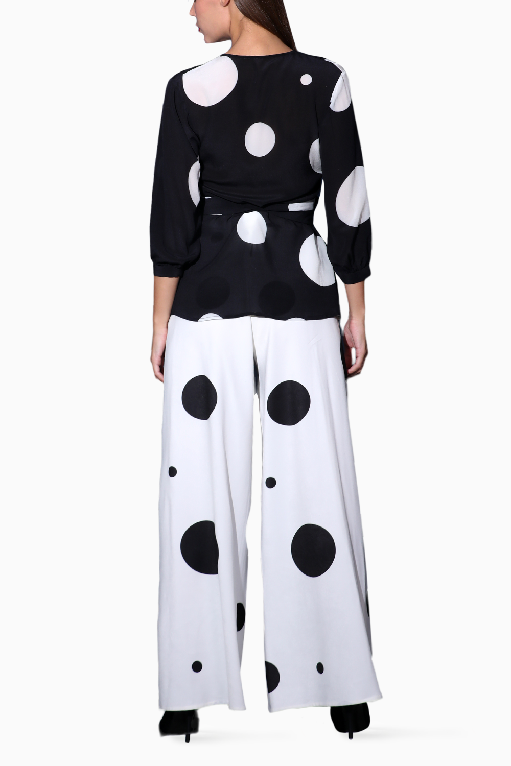 Polka Dot Wrap Top with Flared Pants
