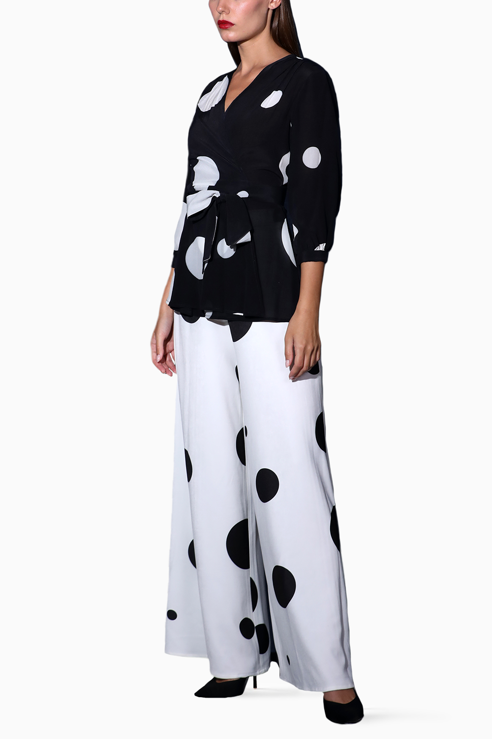 Polka Dot Wrap Top with Flared Pants