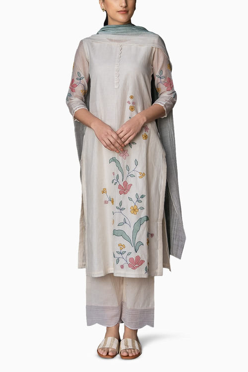 Porcelain And Sage Applique Kurta Set