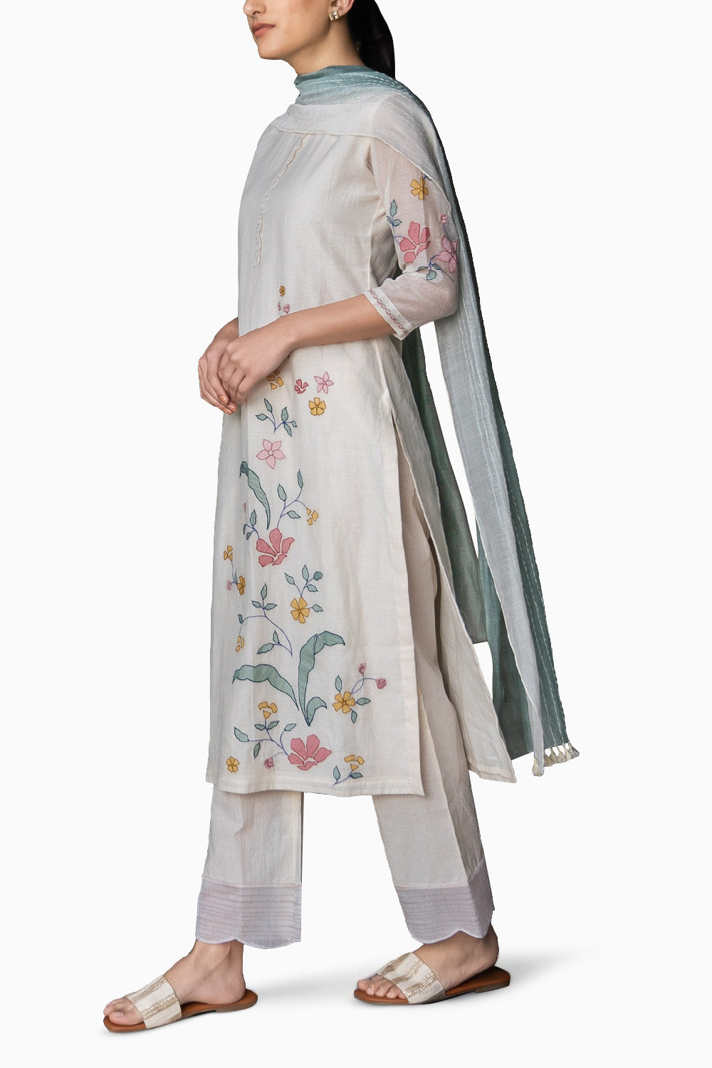 Porcelain And Sage Applique Kurta Set