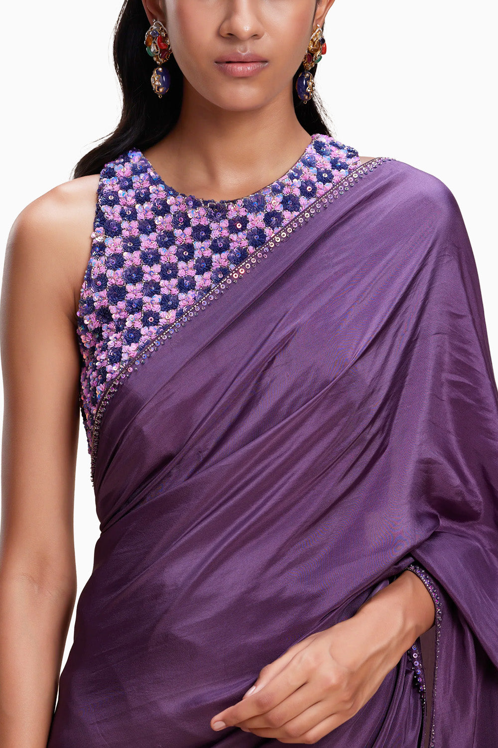 Purple Sari With Embellished Blouse