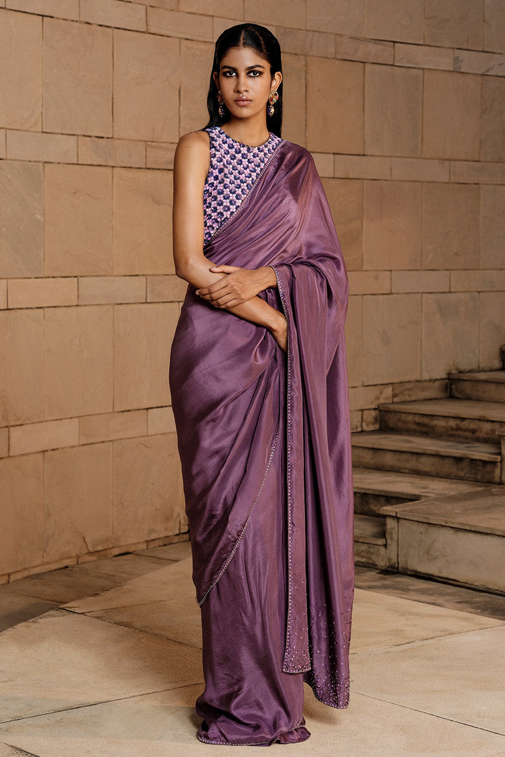 Purple Sari With Embellished Blouse