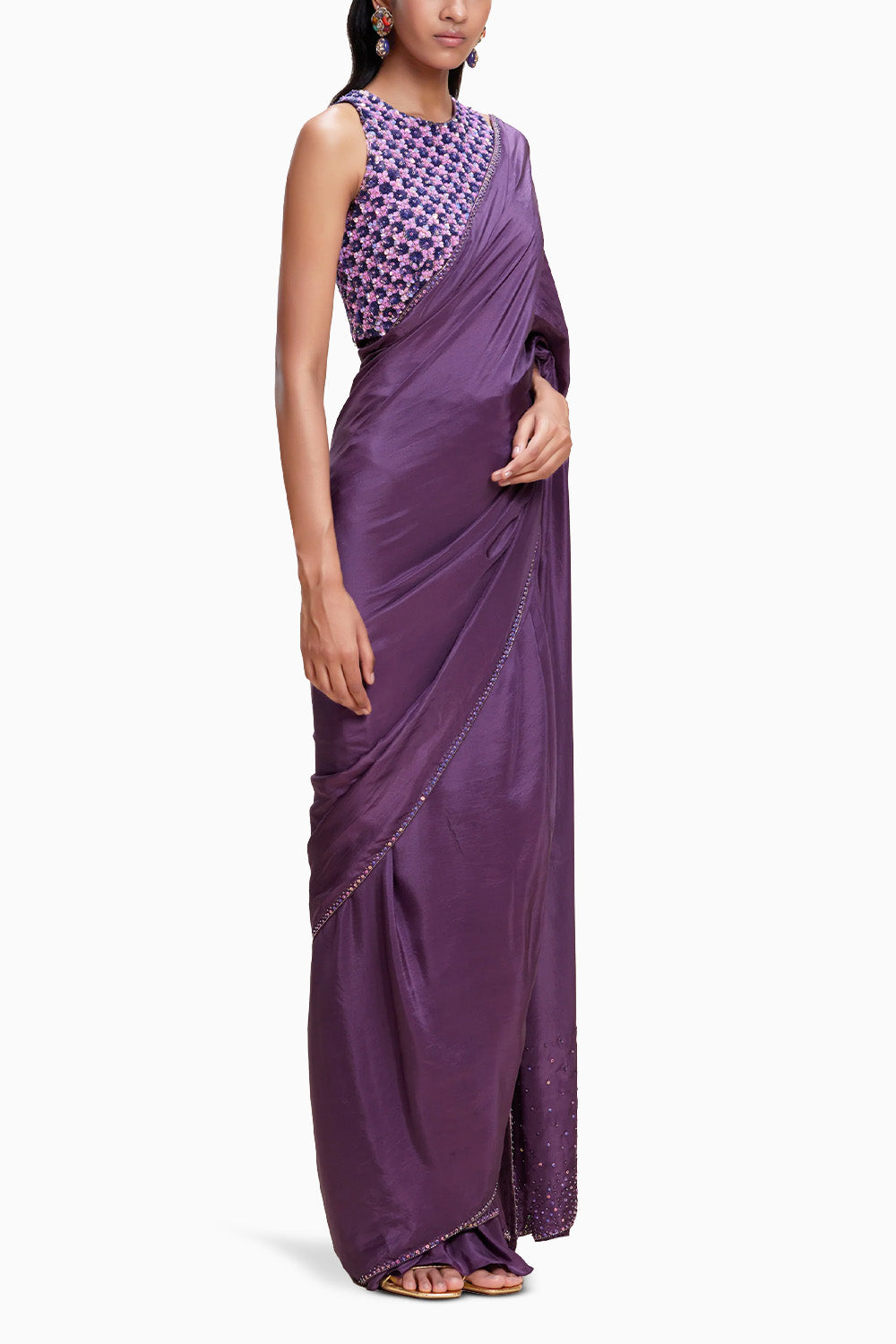 Purple Sari With Embellished Blouse