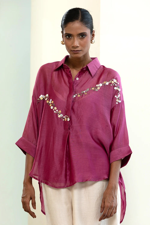 Purple Chanderi Silk Sequins Shirt