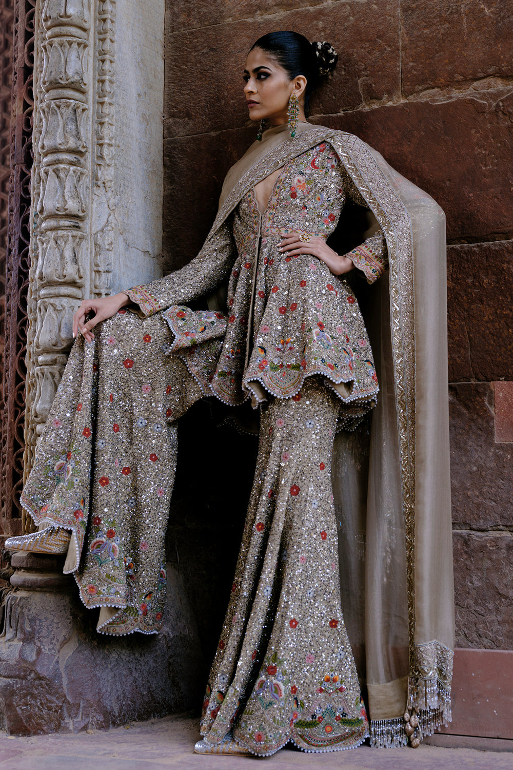 Nyra Golden Beige Peplum With Sharara & Gota Lite Dupatta