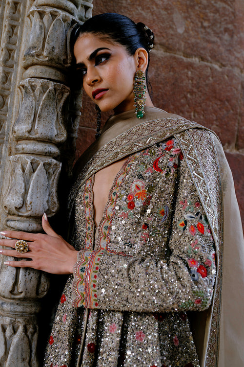 Nyra Golden Beige Peplum With Sharara & Gota Lite Dupatta