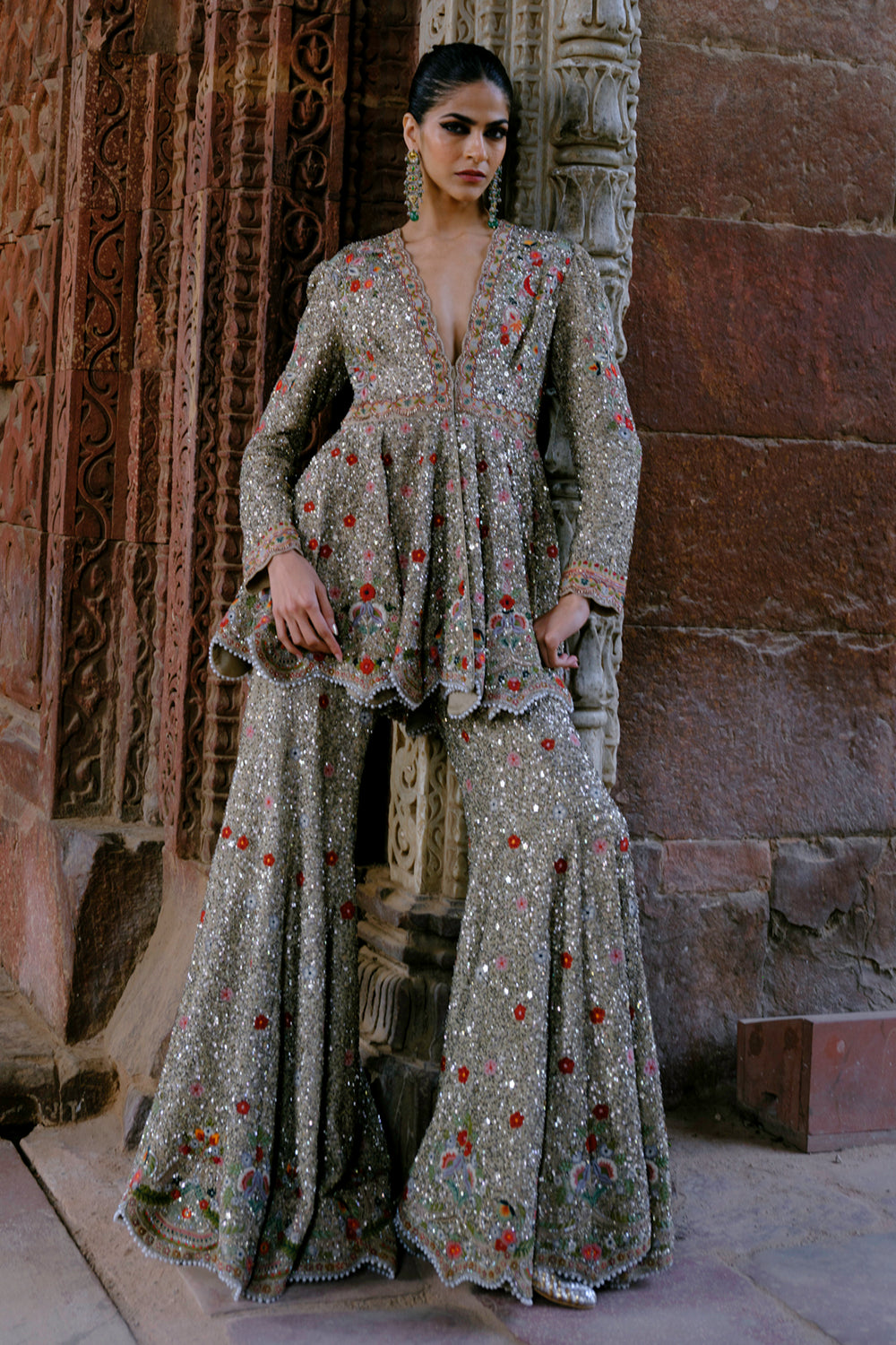 Nyra Golden Beige Peplum With Sharara & Gota Lite Dupatta
