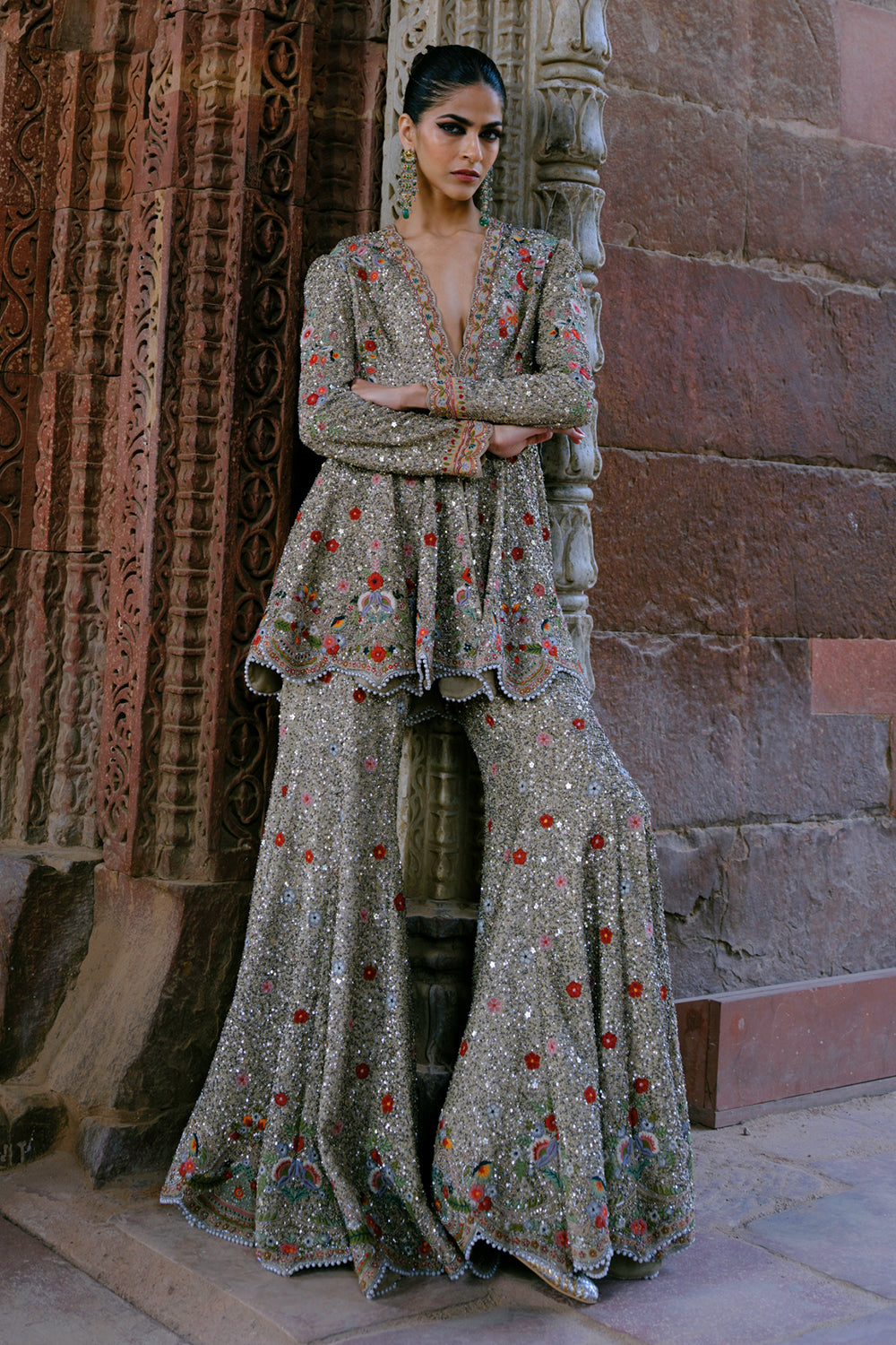Nyra Golden Beige Peplum With Sharara & Gota Lite Dupatta