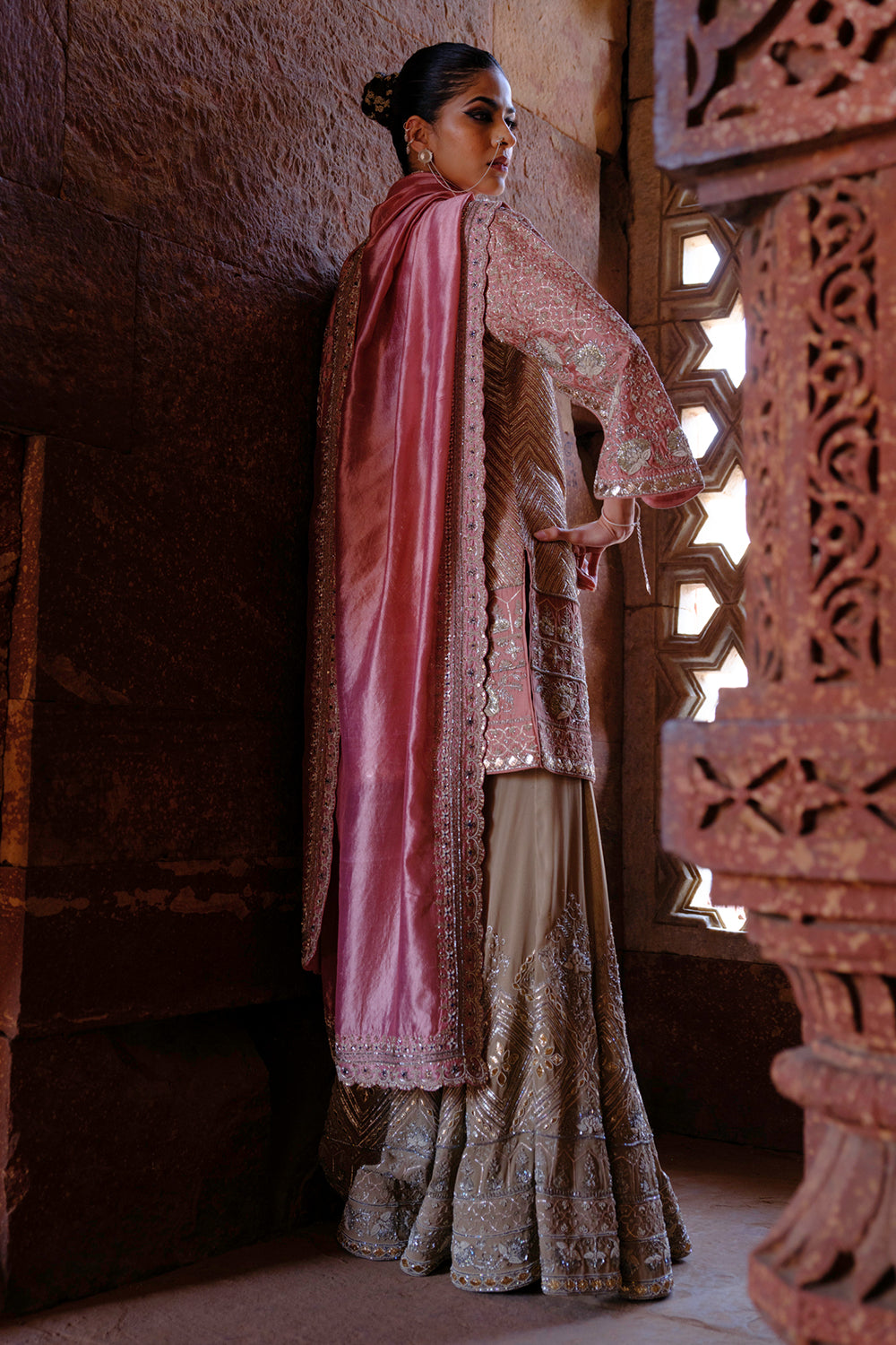 Misha Peach Tunic With Gotta Sharara & Bird Dupatta