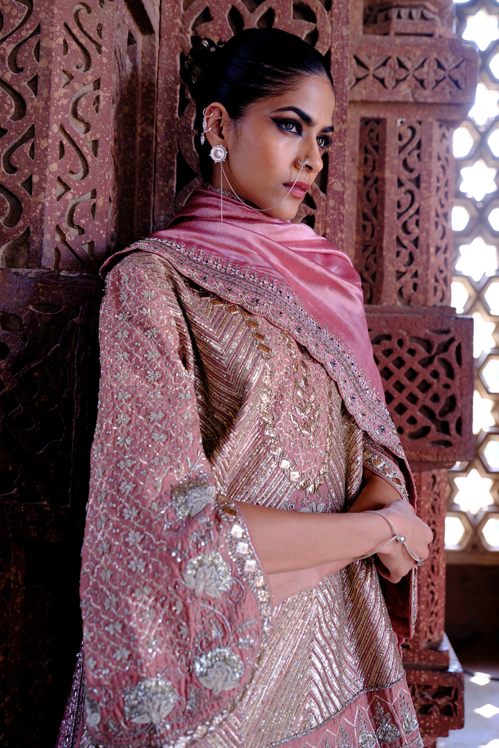 Misha Peach Tunic With Gotta Sharara & Bird Dupatta