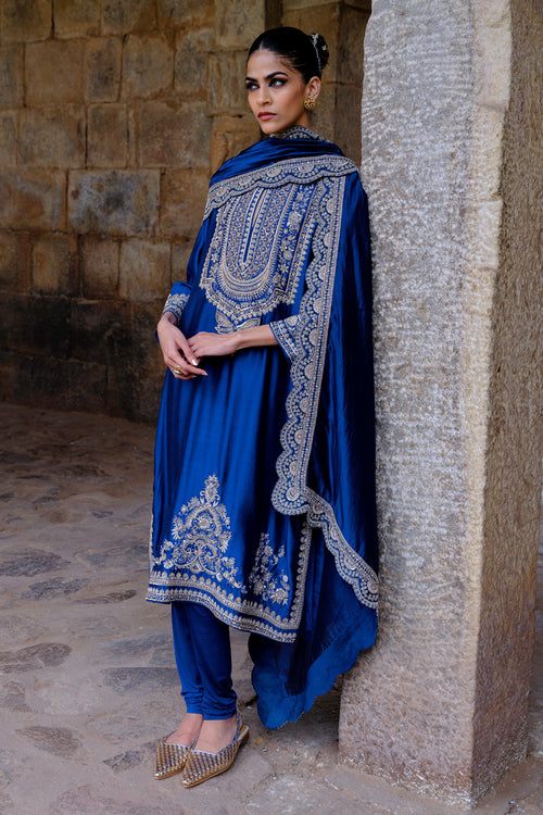 Adira Blue Kurta With Chudidar & Noor Bordered Dupatta