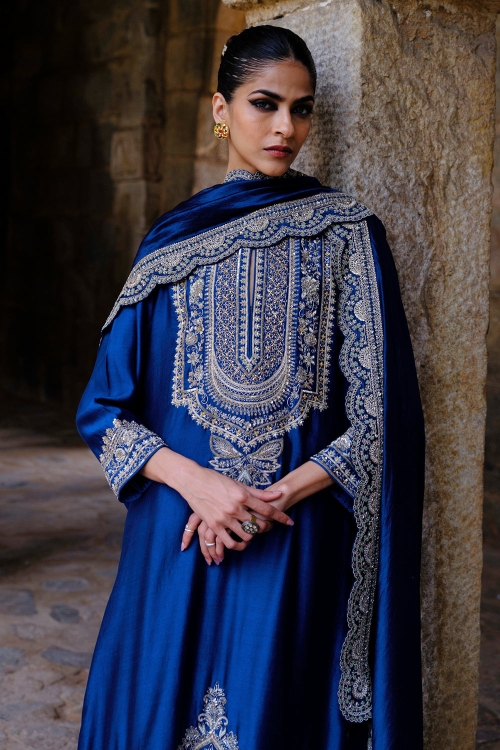 Adira Blue Kurta With Chudidar & Noor Bordered Dupatta