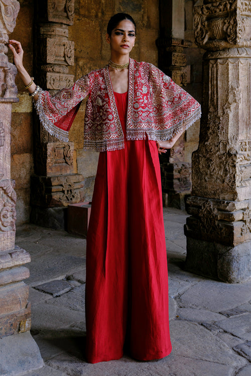 Red Embroidered Jumpsuit with Gota Cape