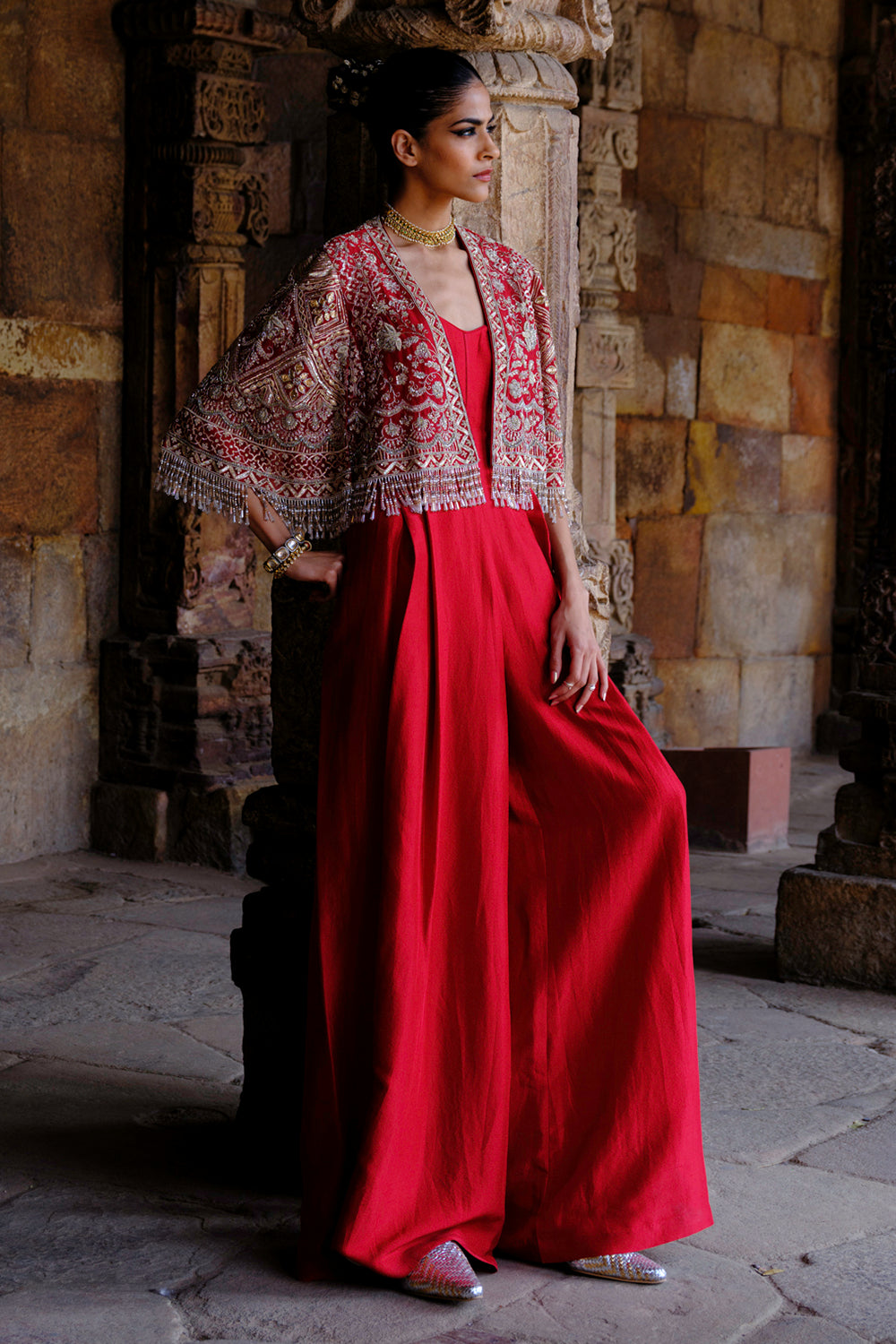 Red Embroidered Jumpsuit with Gota Cape