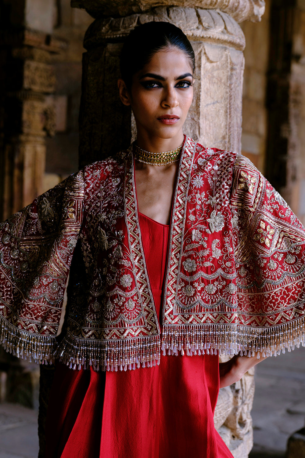 Red Embroidered Jumpsuit with Gota Cape
