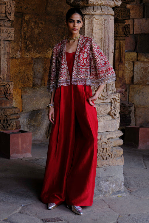Red Embroidered Jumpsuit with Gota Cape